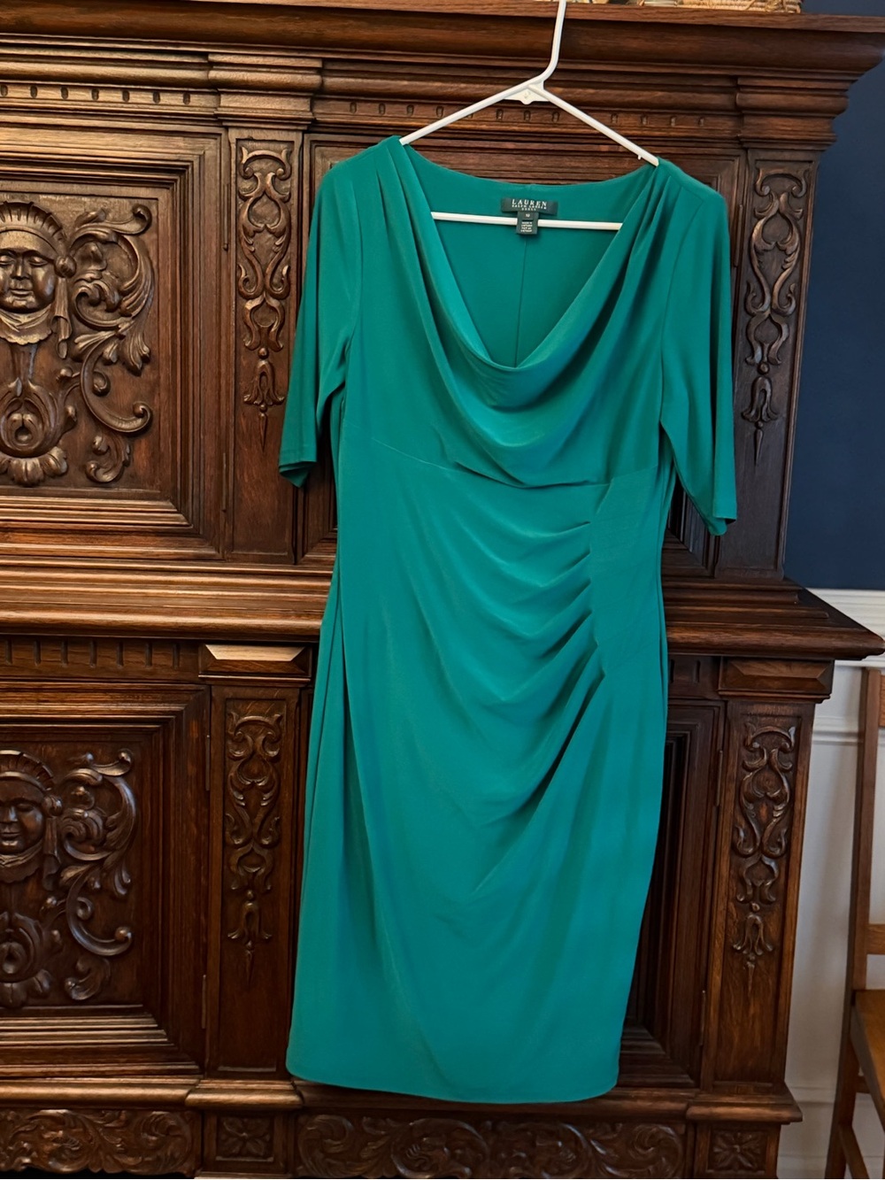 Ralph Lauren Emerald Green Draped Cowl Midi Dress